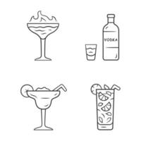 Drinks linear icons set. Flaming shot, margarita, mojito, vodka. Glasses with beverages, bottle. Mixes and soft drink. Thin line contour symbols. Isolated vector outline illustrations. Editable stroke