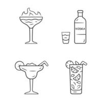 bebidas iconos lineales establecidos. tiro llameante, margarita, mojito, vodka. vasos con bebidas, botella. mezclas y refrescos. símbolos de contorno de línea fina. ilustraciones de contorno de vector aislado. trazo editable