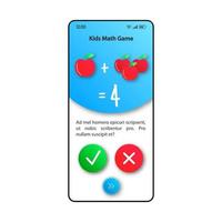 Kids maths smartphone interface vector template. Mobile app page white and blue design layout. Arithmetics game screen. Flat UI for application. Teaching children counting phone display