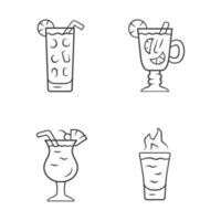 Drinks linear icons set. Cocktail in highball glass, hot toddy, pina colada, flaming shot. Mixes and soft drinks. Thin line contour symbols. Isolated vector outline illustrations. Editable stroke