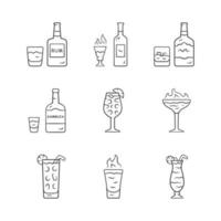 bebidas iconos lineales establecidos. ron, absenta, whisky, sambuca, sangría, huracán, coctel flameante y chupito. símbolos de contorno de línea fina. ilustraciones de contorno de vector aislado. trazo editable