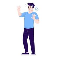 Scared man flat vector illustration. Male fear of violence. Person with anxious facial expression and defensive gesture isolated cartoon character with outline elements on white background