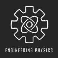 Engineering physics chalk icon. Nanotech. Cogwheel and atom structure model. Mechanical engineering. Nano technologies development. Nuclear energy using. Isolated vector chalkboard illustration