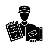 Package delivery glyph icon. Courier service. Parcel delivering. Deliveryman with box and invoice. Postman holding cardboard package. Postal service. Silhouette symbol. Vector isolated illustration