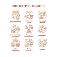 concepto de dropshipping conjunto de iconos rojos. ilustraciones de línea fina de idea de servicio de entrega en línea. centrarse en el marketing, ampliar el catálogo de productos, obtener beneficios. dibujos de contorno aislados vectoriales. trazo editable vector