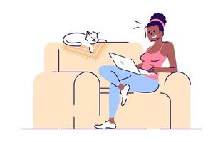 Smiling girl on sofa with laptop flat vector illustration. Freelancer at work. Lady and sleeping cat on couch isolated cartoon characters with outline elements on white background