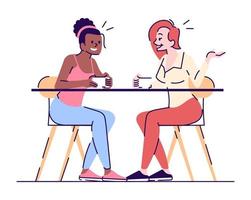 Girlfriend conversation flat vector illustration. Chat over coffee with friend. Gossips. Two young girls talking in cafe isolated cartoon characters with outline elements on white background