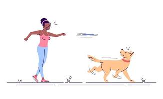 Young woman playing with dog flat vector illustration. Active outdoor recreation. Happy african american girl throwing toy to pet isolated cartoon character with outline elements on white background