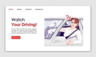 Watch your driving landing page vector template. Everyday stress website interface idea with flat illustrations. Road traffic. Rush hour homepage layout. Car driver web banner, webpage cartoon concept