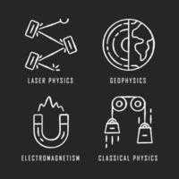 Physics branches chalk icons set. Laser and classical physics, electromagnetism and geophysics. Physical processes and phenomenons. Scientific experiment. Isolated vector chalkboard illustrations