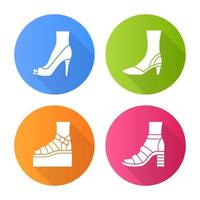 Women summer shoes flat design long shadow glyph icons set. Female elegant formal and casual footwear. Stylish platform and block heel sandals. Fashionable stilettos. Vector silhouette illustration