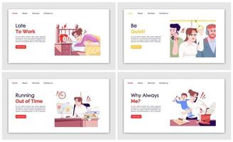 Everyday stress landing page vector templates set. Late to work website interface idea, flat illustration. Running out of time homepage layout. Household work guide web banner, webpage cartoon concept