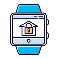 Home security monitoring smartwatch function color icon. House alarm system remote control device feature. Fitness wristband capability. Opened lock in house symbol. Isolated vector illustration