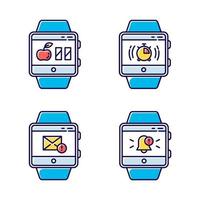 Fitness tracker functions color icons set. Wristband smartwatch capabilities and wellness services. Calories counter, stopwatch, notifications, mail, messages. Isolated vector illustrations