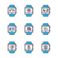 Fitness tracker functions color icons set. Wristband smartwatch capabilities and wellness services. Scheduling events, sleep timer, weather forecast, notifications. Isolated vector illustrations