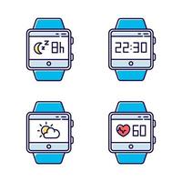 Fitness tracker functions color icons set. Wristband smartwatch capabilities and wellness services. Tracking heart rate, sleep monitoring, clock, weather forecast. Isolated vector illustrations