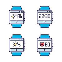 Fitness tracker functions color icons set. Wristband smartwatch capabilities and wellness services. Tracking heart rate, sleep monitoring, clock, weather forecast. Isolated vector illustrations