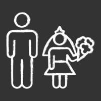 Child marriage chalk icons set. Girl and man, groom and bride. Forcible wedlock. Compulsory marriage. Female, male rights. Relationship with no consent. Isolated vector chalkboard illustrations