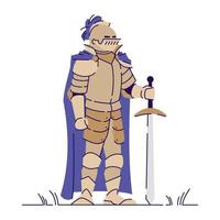 Medieval armed knight flat vector illustration. Old time warrior isolated cartoon character with outline elements on white background. Courageous middle age hero. Legendary personage