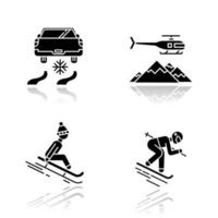 Extreme winter activity drop shadow black glyph icons set. Risky sport hobby, adventure. Cold season outdoor leisure and recreation. Ice driving and heli skiing. Isolated vector illustrations