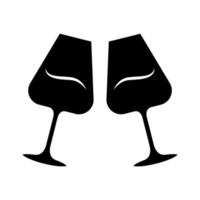 Two clinking wine glasses glyph icon. Glassfuls of alcohol beverage. Wine service. Glassware. Celebration. Wedding. Degustation. Cheers. Silhouette symbol. Negative space. Vector isolated illustration