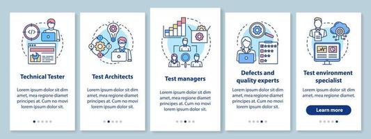 Software testing roles onboarding mobile app page screen with linear concepts. Qulity control experts walkthrough steps graphic instructions. UX, UI, GUI vector template with illustrations