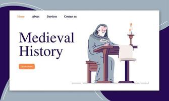 Medieval history landing page vector template. Middle Ages chronicle writing website interface idea with flat illustrations. Historical record homepage layout. Web banner, webpage cartoon concept