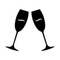 Two clinking wine glasses glyph icon. Champagne flutes. Glassfuls of alcohol beverage. Wine service. Celebration. Wedding. Cheers. Silhouette symbol. Negative space. Vector isolated illustration