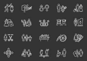 Gender equality chalk icons set. Woman, man right. Sexual slavery. Female economic activity. Transgender people. Female, male politics. Family planning. Isolated vector chalkboard illustrations