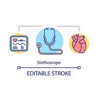 Stethoscope concept icon. Medical instrument. Therapeutic tool for listening heart, breathing. Cardiac diagnosis idea thin line illustration. Vector isolated outline drawing. Editable stroke