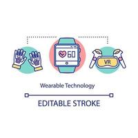 Wearable technology concept icon. Electronic portable devices for health tracking and gaming. High tech gadgets idea thin line illustration. Vector isolated outline drawing. Editable stroke