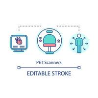 PET scanners concept icon. Positron emission tomography. Functional imaging technique in medicine. Disease diagnostic idea thin line illustration. Vector isolated outline drawing. Editable stroke