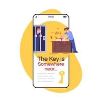 Key is somewhere near social media post smartphone app screen. Survival game, puzzle quest. Mobile phone display with cartoon characters design mockup. Escape room application telephone interface vector