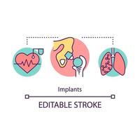 Implants concept icon. Medical prosthetic device. Artificial joint, heart, lung. Surgery. Biomedical engineering idea thin line illustration. Vector isolated outline drawing. Editable stroke