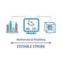 Mathematical modeling concept icon. Computer data processing. Visualization of statistical research results idea thin line illustration. Vector isolated outline drawing. Editable stroke