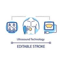 icono del concepto de tecnología de ultrasonido. ecografía de diagnóstico. diagnostico y tratamiento. ecografía. Ilustración de línea fina de idea de bioingeniería. dibujo de contorno aislado vectorial. trazo editable vector