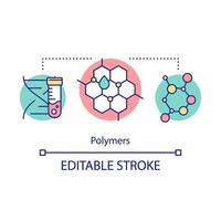 Polymers concept icon. Biomimetic materials. Biopolymers. Polymeric biomolecules. Molecular structure. Bioengineering idea thin line illustration. Vector isolated outline drawing. Editable stroke