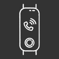 Fitness tracker with incoming call on display chalk icon. Wellness device with ringing phone symbol. Portable gadget with active phone call notification sign. Isolated vector chalkboard illustration