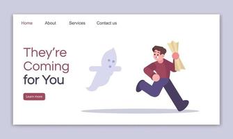 They coming for you landing page vector template. Thematic logic game website interface idea with flat illustrations. Horror quest room homepage layout. Mystery web banner, webpage cartoon concept