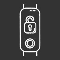 Fitness tracker with open padlock chalk icon. Wearable wellness device with remote unlocking function. Portable digital device with security control option. Isolated vector chalkboard illustration