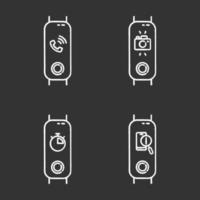 Fitness tracker and smartphone synchronization chalk icons set. Incoming call and lost phone location option. Distance camera access and stopwatch pictograms. Isolated vector chalkboard illustrations