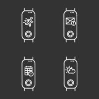 Fitness tracker notifications chalk icons set. Wellness device with weather forecast and active movement control. Gadget with calendar and inbox mail reminder. Isolated vector chalkboard illustrations