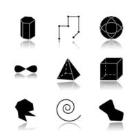 Geometric figures drop shadow black glyph icons set. Prism model. Connected lines. Striped circle. Eternity sign. Pyramid, cube. Round abstract shapes. Isometric forms. Isolated vector illustrations