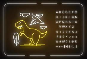 Dinosaurs neon light icon. Prehistoric animals. Tyrannosaurus rex. Flying pterodactyl. Jurassic park. Primitive predators. Glowing sign with alphabet, numbers and symbols. Vector isolated illustration