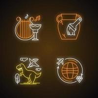 Archeology neon light icons set. Ancient culture. Lyre and goblet. Amphora restoration. Dinosaurs. Prehistoric animals. Worldwide treasure hunt. Glowing signs. Vector isolated illustrations