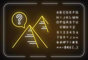 Pyramid mystery neon light icon. Egyptian monument. Historical secrets. Egypt architecture. Ancient tomb. Archeology. Glowing sign with alphabet, numbers and symbols. Vector isolated illustration