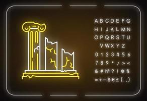 Ancient ruins neon light icon. Broken columns. Greek pillars. Lost civilizations. Archeology. Historical monuments. Glowing sign with alphabet, numbers and symbols. Vector isolated illustration