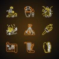 Archeology neon light icons set. Excavation. Archeologist. Ancient artifacts. Caveman. Ruins. Filed survey. Flambeau. Treasure map, manuscript. Mummy. Glowing signs. Vector isolated illustrations