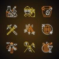 Archeology neon light icons set. Lab research. Marauding. Artifact restoration equipment. Sword fight. Treasure hunt. Researcher. Pyramid. Ancient culture. Glowing signs. Vector isolated illustrations