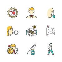 Common cold color icons set. Virus infection. Microbe. Sore throat. Drip nose. Girl cough. Vitamin C. High temperature. Fever symptoms. Syringe with vaccine. Exercise. Isolated vector illustrations